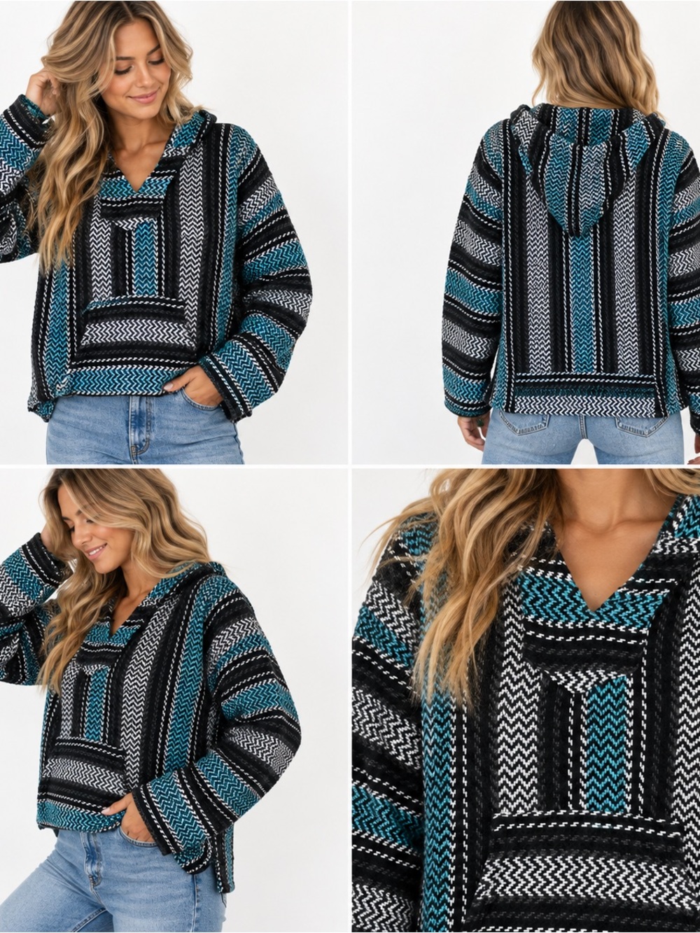Chunky Striped Baja Crewneck Sweater in Teal, Black & White